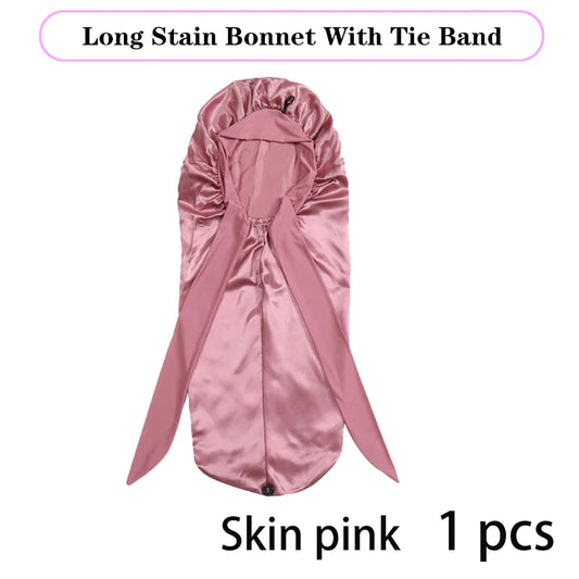 Long Satin Bonnet Solid Color Extra Large Sleep Cap With Long Tie Hair Bonnet For Black Women Hair Care Cap For All Hair Types
